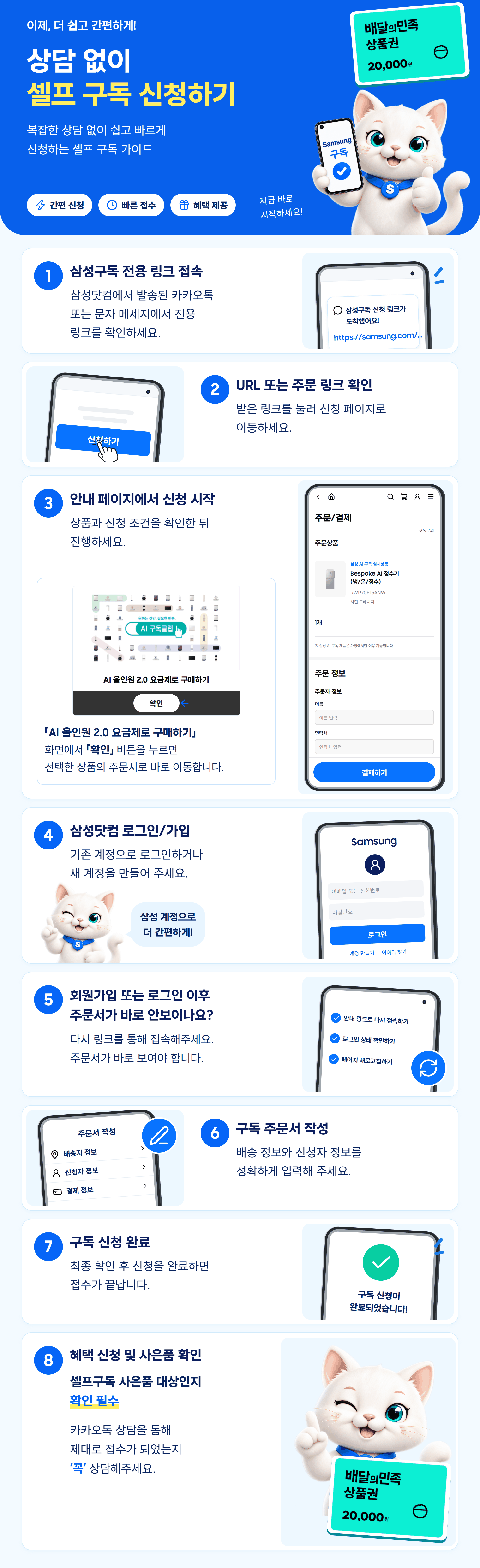 상담 없이 셀프 구독을 신청하는 8단계 안내 이미지. 전용 링크 접속과 주문 링크 확인, RWP70F15ANW 모바일 주문 화면, 삼성닷컴 로그인·가입, 주문서 재접속, 주문서 작성, 신청 완료, 사은품 대상 및 카카오톡 접수 확인. 배달의민족 상품권 2만원권 이미지.